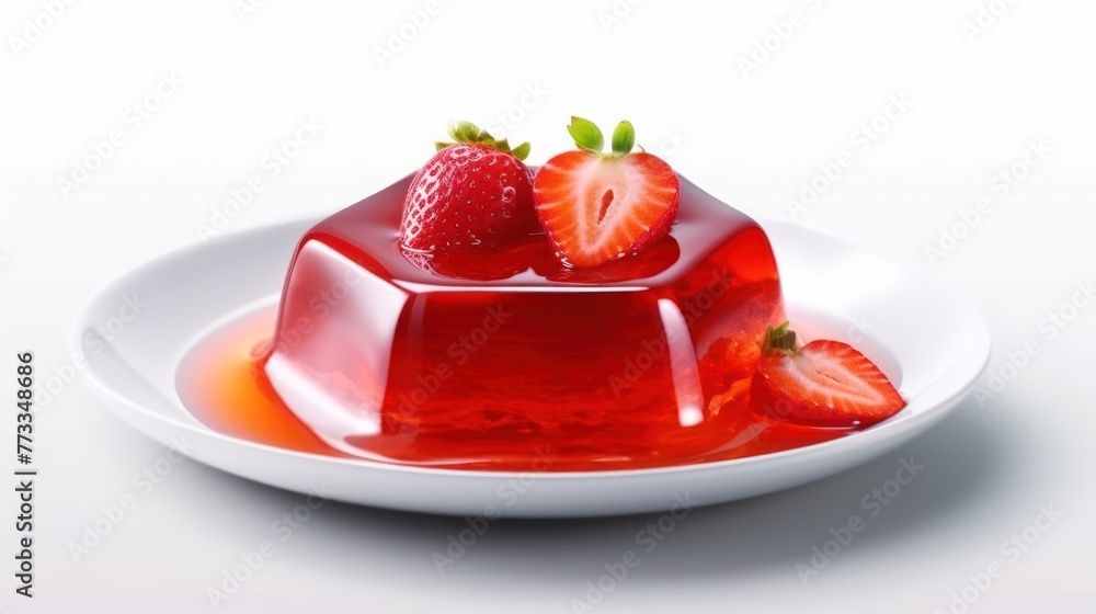 Portion of strawberry jelly, served in white porcelain plate with Portion of strawberry jelly, served in white porcelain plate with