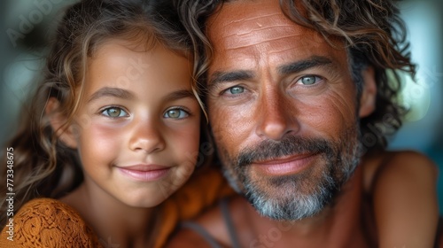  A tight shot of a child and a man with long hair and a beard, both smiling