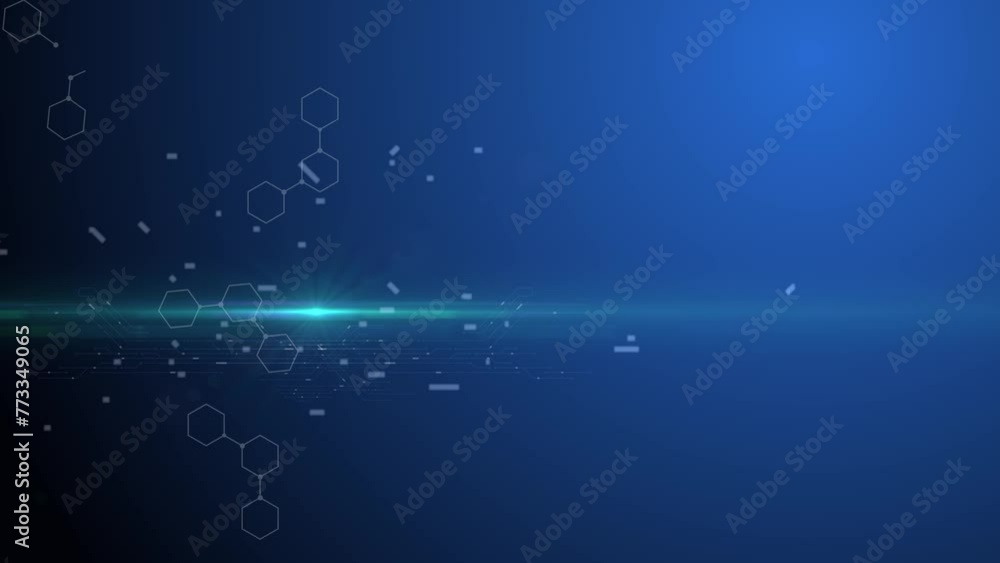 Abstract animated tech background. Flickering point of light with rays and moving electrons in an AI chip on a blue background with a broken cellular network. Cg.