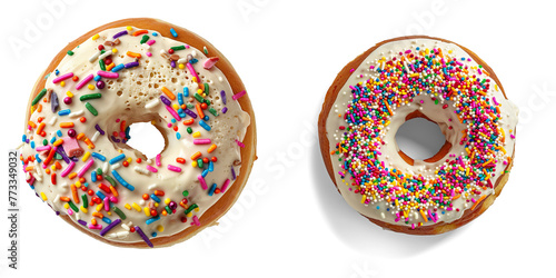 single tiramisu-filled donut with rainbow sprinkles isolated on a transparent background 
