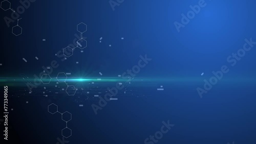 Abstract animated tech background. Flickering point of light with rays and moving electrons in an AI chip on a blue background with a broken cellular network. Cg. photo