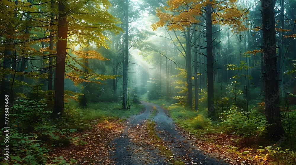 Fototapeta premium Beautiful Road in the Misty forest with Sunset trough the trees nature landscape AI generated