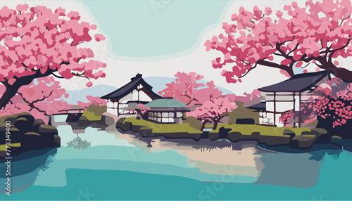 Japanese garden with cherry blossoms or sakura and lake with mountains