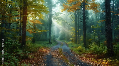 Beautiful Road in the Misty forest with Sunset trough the trees nature landscape AI generated © Pandora arts