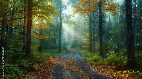 Beautiful Road in the Misty forest with Sunset trough the trees nature landscape AI generated