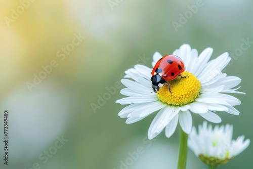 Red ladybug on white daisy flower on a blurred natural background with bokeh. summer banner, copy space.