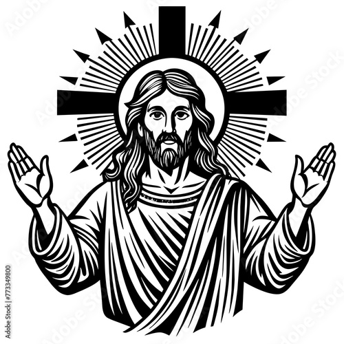 jesus hand drawn ink with christianity symbol 