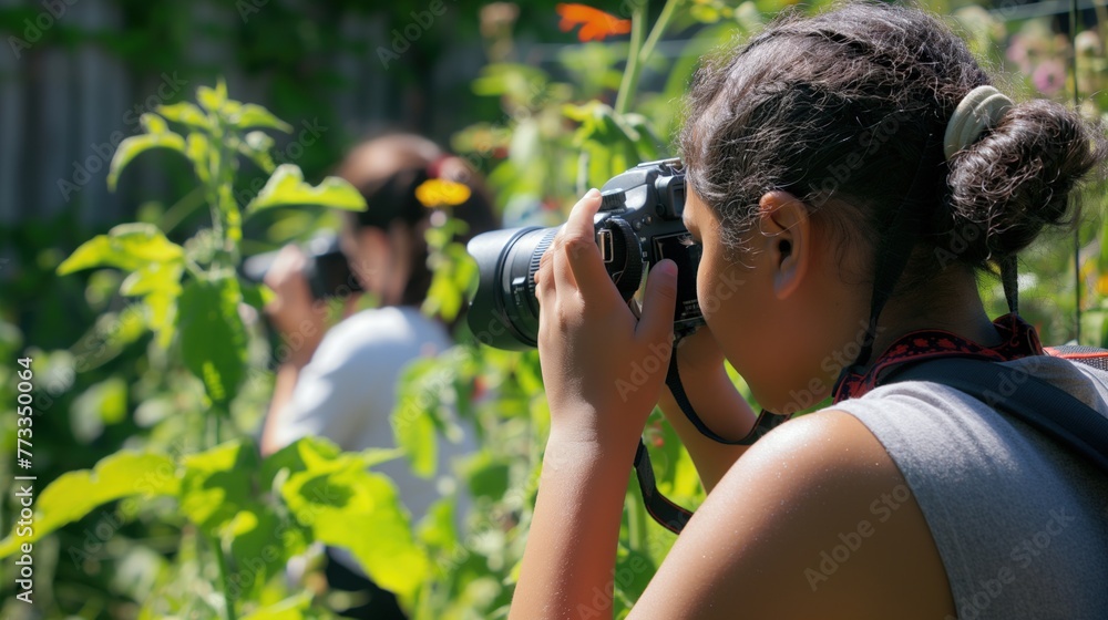 Teen Photographers Exploring Wonders of Nature in Garden Teen Photographers Exploring Wonders of Nature in Garden