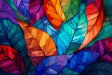   A collection of leaves shaped like a rainbow, with the hues of the rainbow as their backdrop