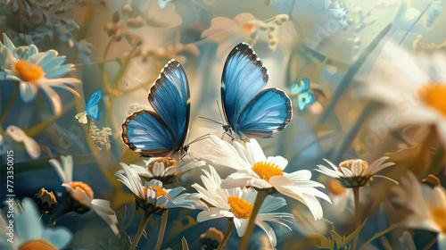 colorful blue tropical morpho butterflies on delicate daisy flowers painted with oil paint