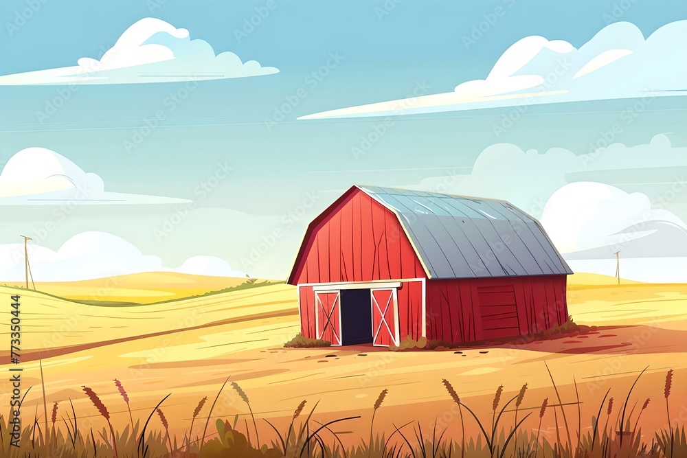 Traditional red barn in a wheat field. Simple illustration. Agriculture industry concept. Farming lifestyle, farmland. Design for banner, poster 