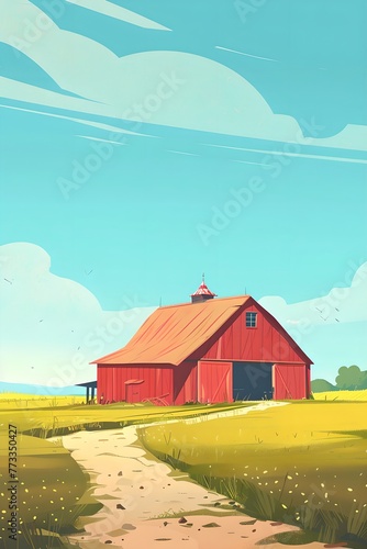 Farmhouse in green field. Simple illustration. Agriculture industry concept. Farming lifestyle, farmland. Design for banner, poster with copy space