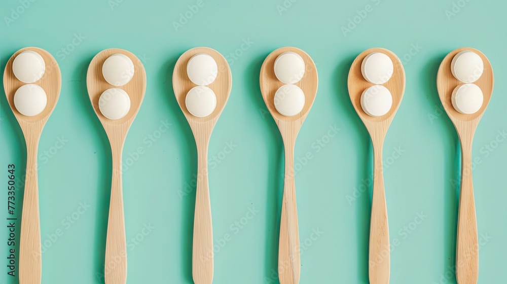 Elevate your wellness journey with wooden teaspoons holding healthy supplements against a soothing pastel blue background. Experience the tranquility of holistic nutrition Elevate your wellness journey with wooden teaspoons holding healthy supplements against a soothing pastel blue background. Experience the tranquility of holistic nutrition