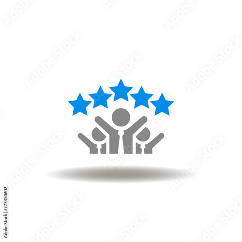 Vector illustration of business people group hands up gesture and five stars. Icon of NPS Net promoter score. Symbol of satisfaction.