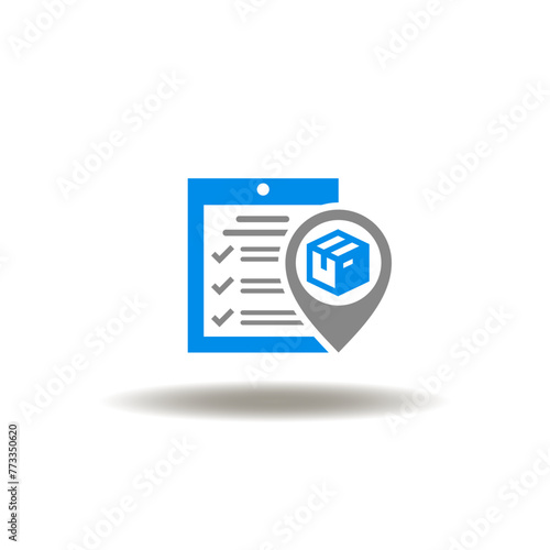 Vector illustration of checklist and location map place pointer with delivery box. Symbol of 3PL Third Party Logistics. Icon of supply chain, procurement.