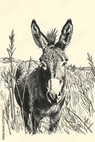 Donkey portrait in a field. Vintage monochrome illustration. Agriculture industry and animal husbandry concept. Farming lifestyle, farmland. Design for banner, poster 