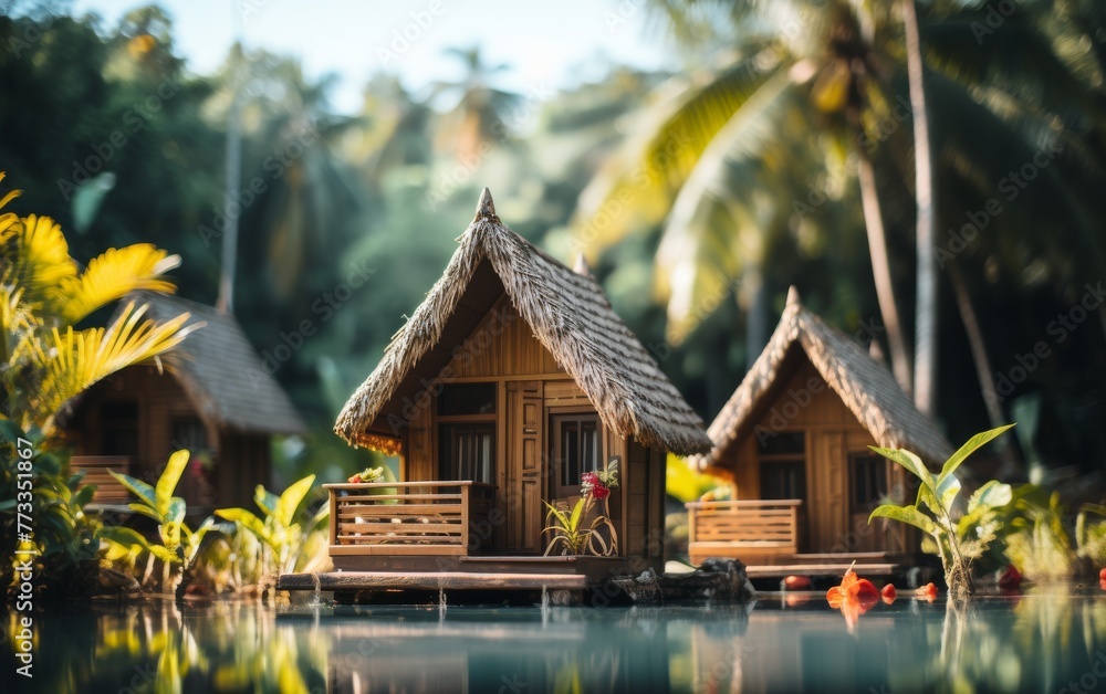 A serene scene with a couple of small huts peacefully perched atop a calm lakes surface