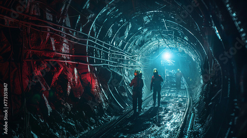 Deep Underground in Mining Shafts: Illustrate miners equipped with safety gear, navigating the narrow, dimly lit tunnels deep beneath the earth's surface
