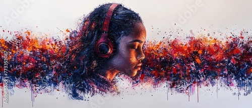 painting of a young woman with headphones listening to music