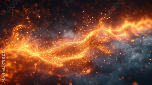  A crisp image of an orange and yellow wave against a dark backdrop, featuring stars and specks of dust in the foreground
