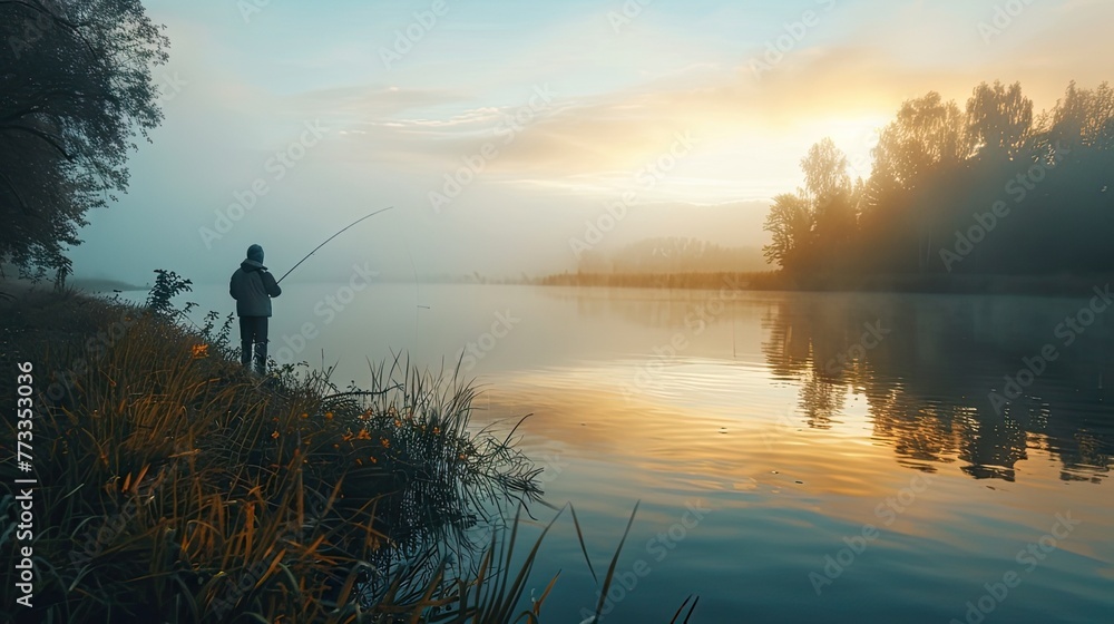 At sunrise, a fisherman stands by the river bank, casting his spinning rod into the misty lake. Explore the tranquil beauty of a foggy morning, a rural retreat for fishing enthusiasts