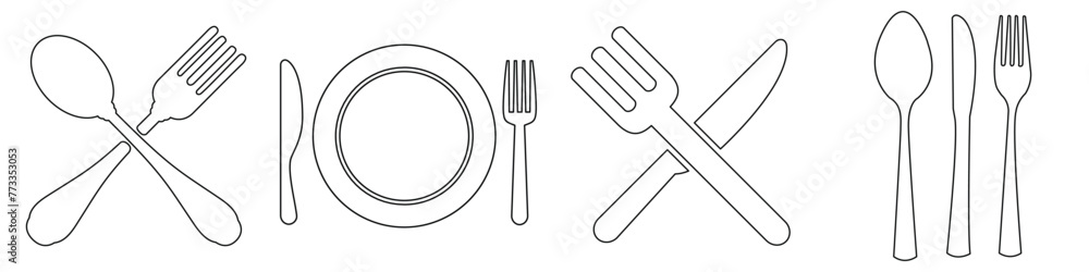 Fork, knife, spoon and plate set icons. Tableware set flat style. Dinnerservice collection. Plate, fork and knife for apps and websites. Dinner service. Vector Illustration Fork, knife, spoon and plate set icons. Tableware set flat style. Dinnerservice collection. Plate, fork and knife for apps and websites. Dinner service. Vector Illustration