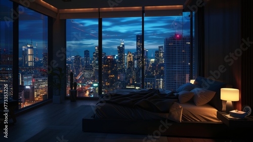 penthouse bedroom at night, dark gloomy, A room with a view of the city from the bed. Generative AI photo