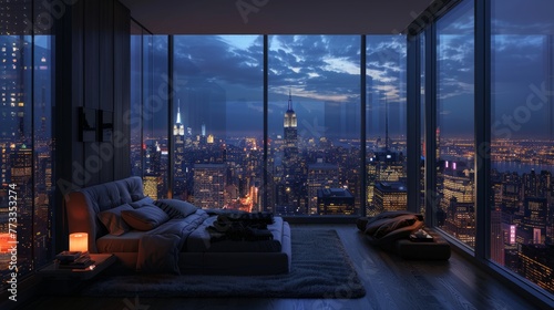 penthouse bedroom at night, dark gloomy, A room with a view of the city from the bed. Generative AI