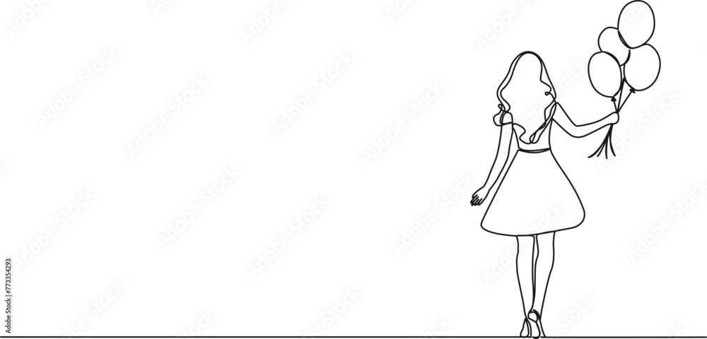 continuous single line drawing of young woman with balloons, line art vector illustration continuous single line drawing of young woman with balloons, line art vector illustration
