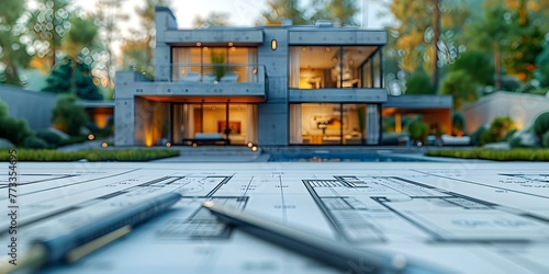 Blueprint plan for a modern residential building in the real estate industry. Concept Architectural Design, Modern Housing Trends, Residential Construction, Sustainable Building Practices photo