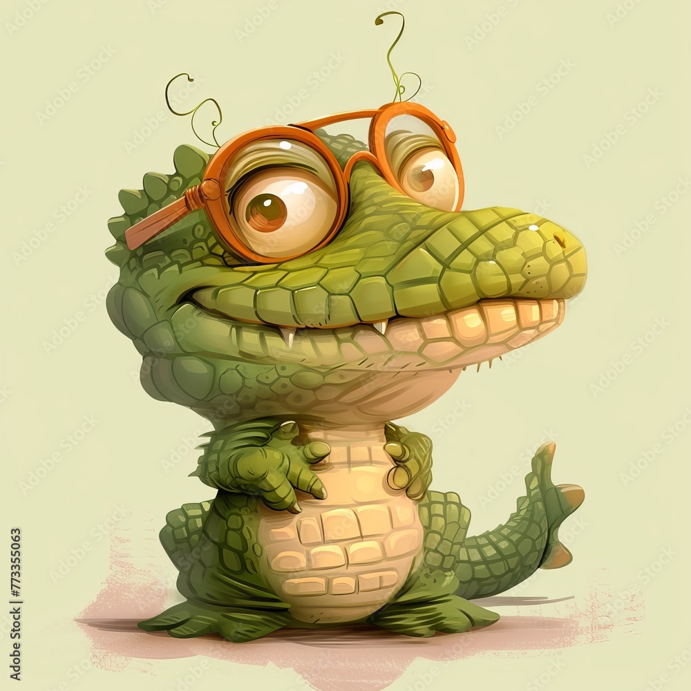 Fototapeta premium A cartoon alligator wearing glasses Another alligator, green in color, also donning glasses