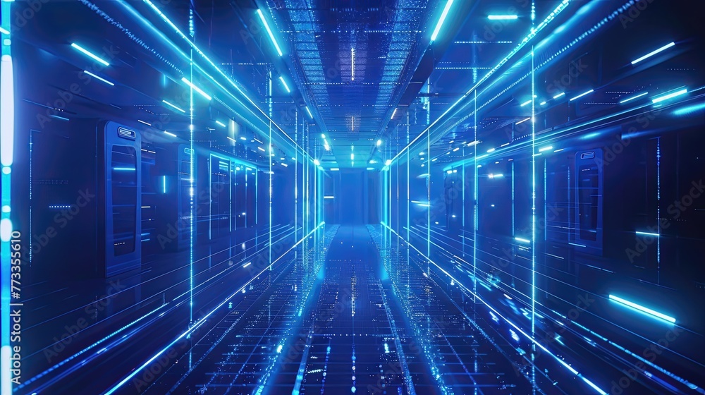 The futuristic tunnel is long and narrow, with a bright blue light shining down. Generative ai