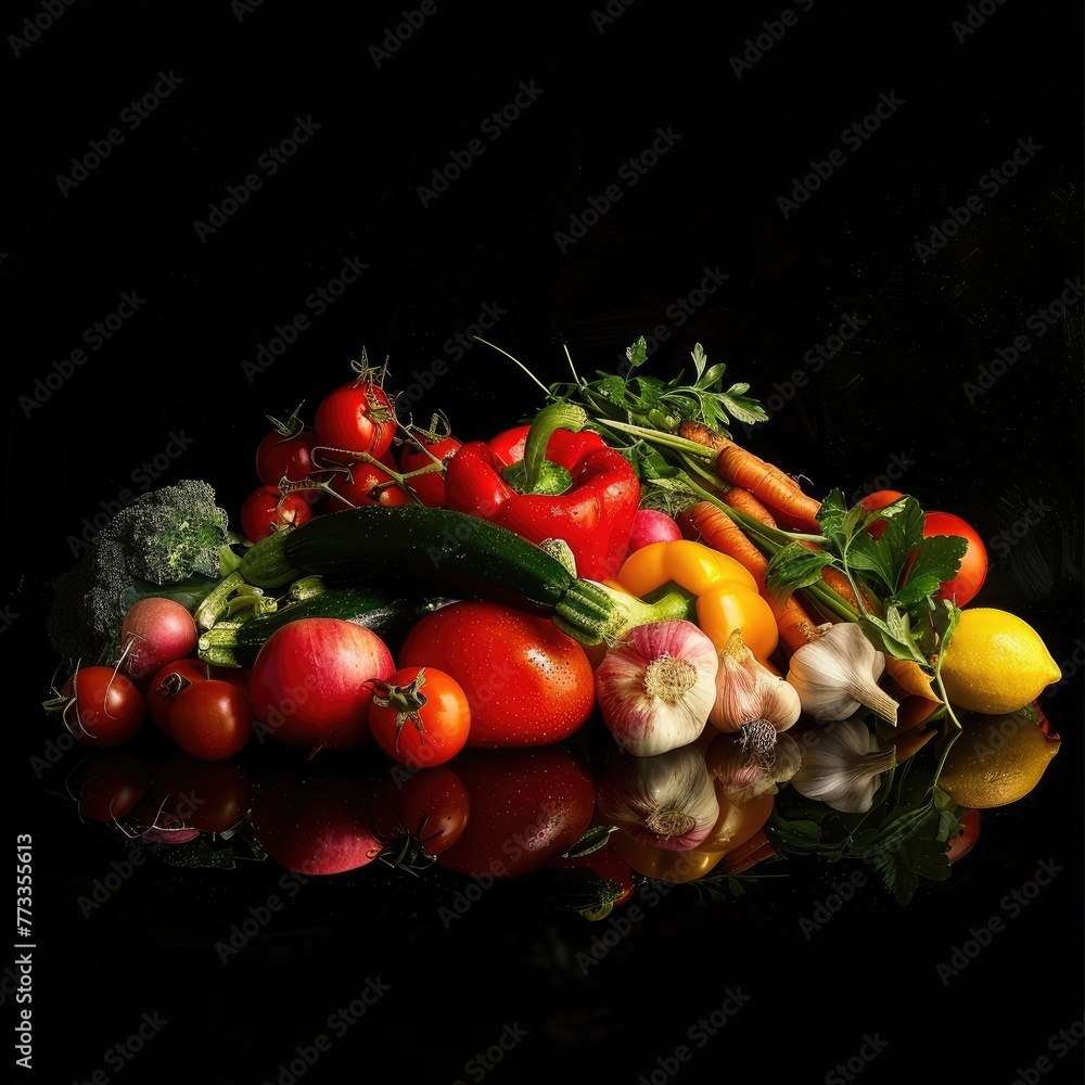 Fresh vegetables on a black natural background. tomatoes, potatoes, paprika garlic and herbs. Copy space for text. Generative ai. Fresh vegetables on a black natural background. tomatoes, potatoes, paprika garlic and herbs. Copy space for text. Generative ai.