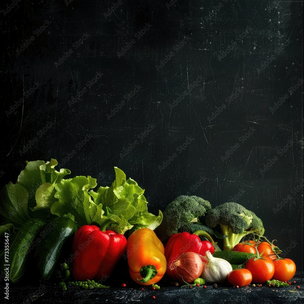Fresh vegetables on a black natural background. tomatoes, potatoes, paprika garlic and herbs. Copy space for text. Generative ai. Fresh vegetables on a black natural background. tomatoes, potatoes, paprika garlic and herbs. Copy space for text. Generative ai.