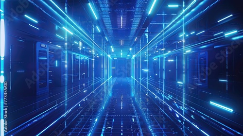 The futuristic tunnel is long and narrow  with a bright blue light shining down. Generative ai
