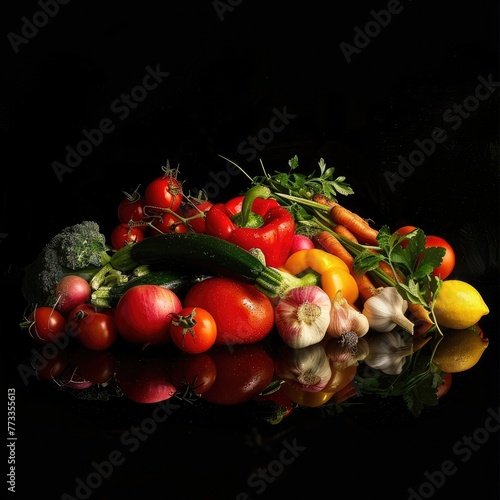 Fresh vegetables on a black natural background. tomatoes, potatoes, paprika garlic and herbs. Copy space for text. Generative ai.