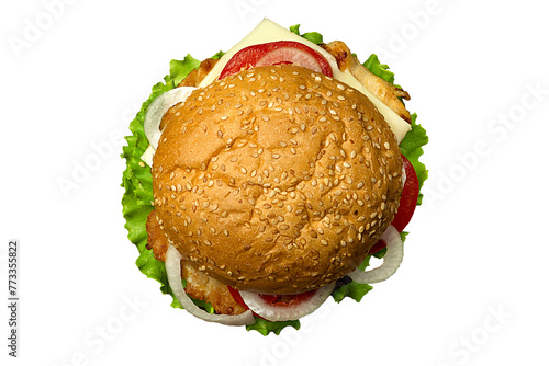 Delicious Hamburger with cheese, tomatoes and lettuce, Top view. Fast Food meal. PNG Design Element.