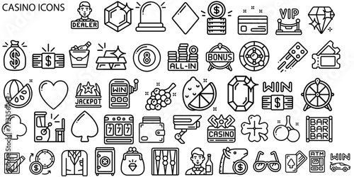 Simple Set of Gambling Related Vector Line Icons. Contains such Icons as Slot Machine, Roulette, Dice, On Line Poker and more. Editable Stroke