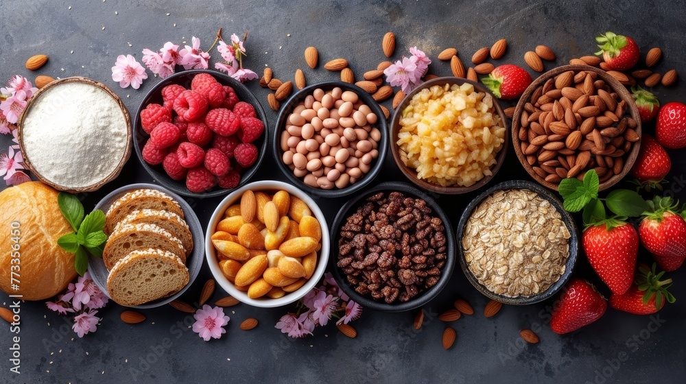   A variety of foods in bowls on the table Strawberries, almonds, raspberries, and a loaf of bread nearby