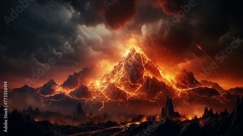 3D Realistic scrolls illustration on a large volcano erupting hot lava photo