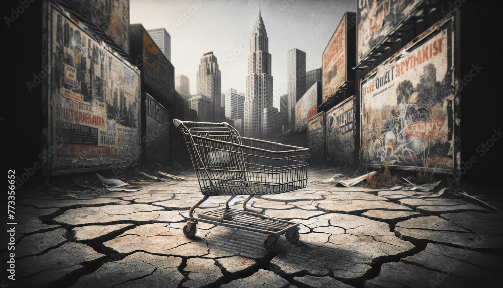 Shopping cart abandoned on cracked ground, faded city posters in the background