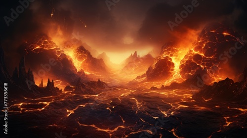 3D Realistic scrolls illustration on a large volcano erupting hot lava