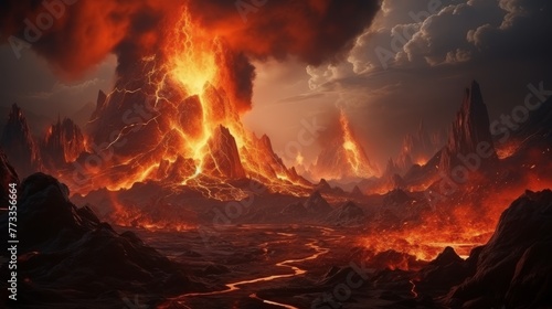 3D Realistic scrolls illustration on a large volcano erupting hot lava