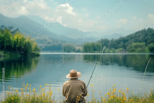 elderly man sitting by a calm lake fishing rod in hand, old man fishing in the lake, a man fishing in the lake, lake fishing, fishing, an elderly man fishing