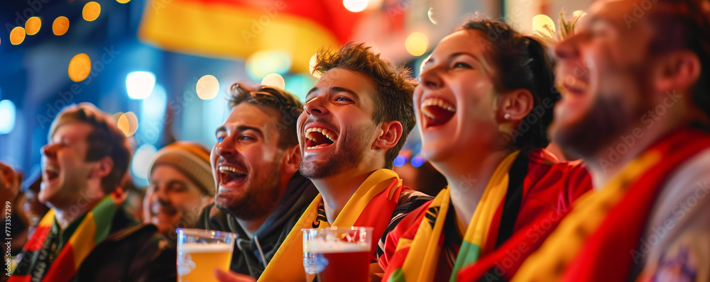 Fototapeta premium happy smiling emotions of football fans in a sports bar celebrating a goal scored and drinking beer