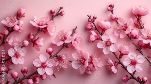  Close-up of pink flowers against a pink backdrop Text space on the left side