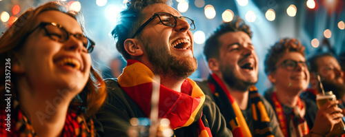 group of happy smiling football fans in a sports bar rejoicing after a goal has been scored photo