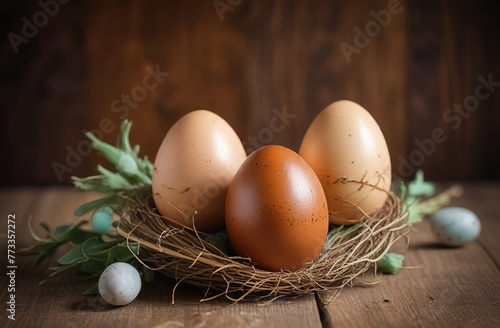 Easter eggs of natural color, on a wooden background, Easter, natural decor.