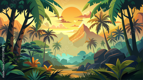 a Tropical jungle sunset or sunrise forest landscape silhouette. Exotic forest palm trees and mountains vector nature background with bright yellow sun and sky