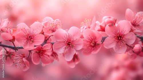   A tight shot of a cherry branch  adorned with pink blossoms in the foreground  and a softly blurred background